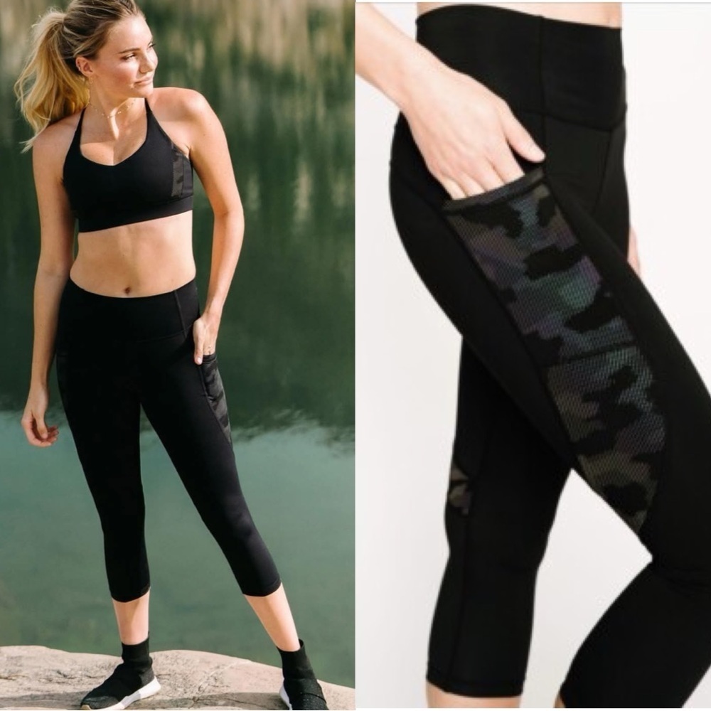 Zyia Black Camo Reflective Brilliant Pocket Capri Leggings